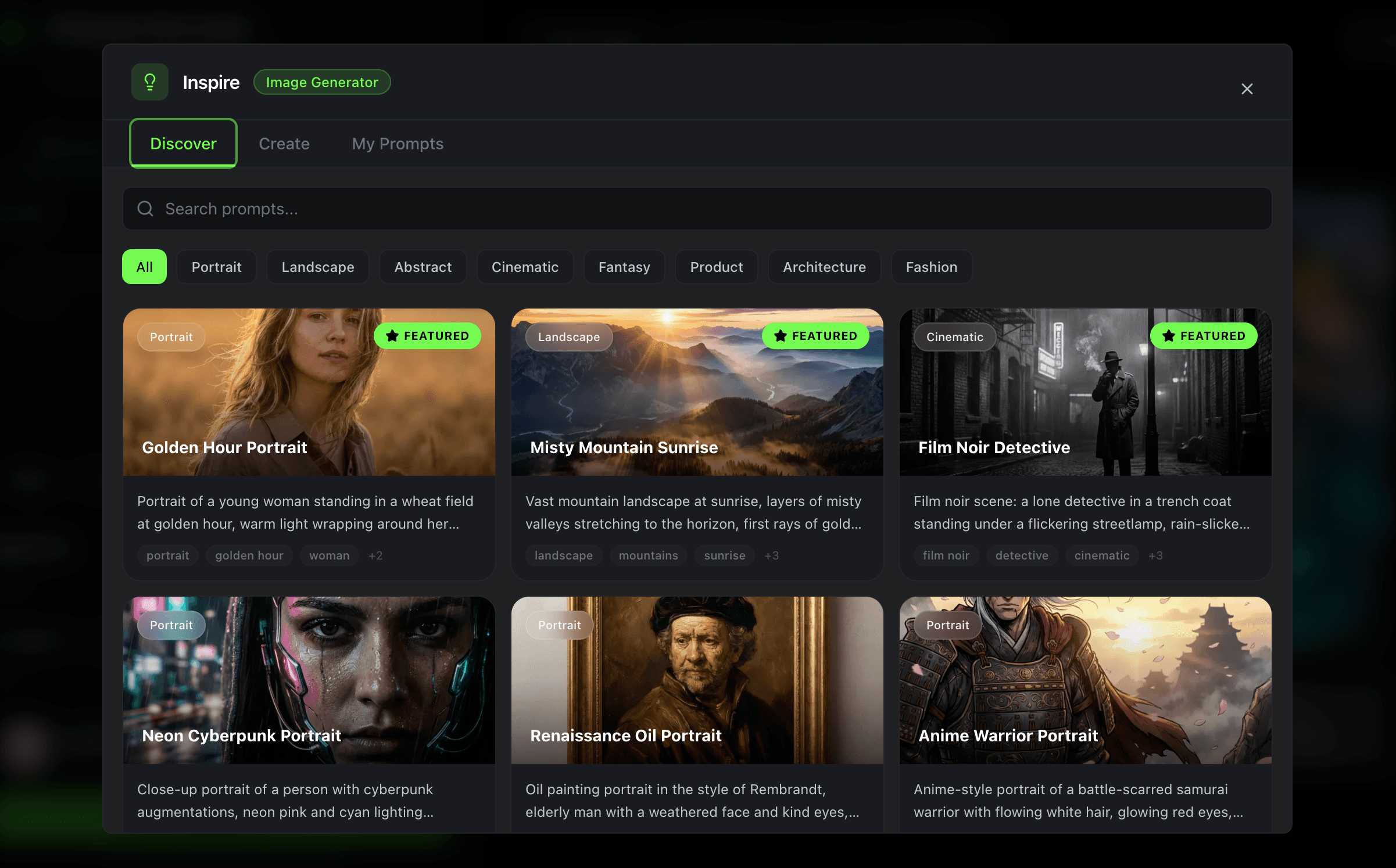 Oakgen workspace showing a collection of generated media