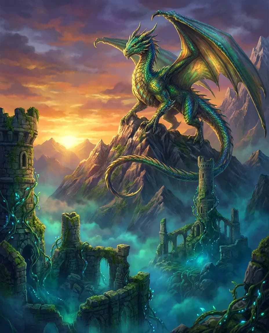 Fantasy dragon on mountain peak
