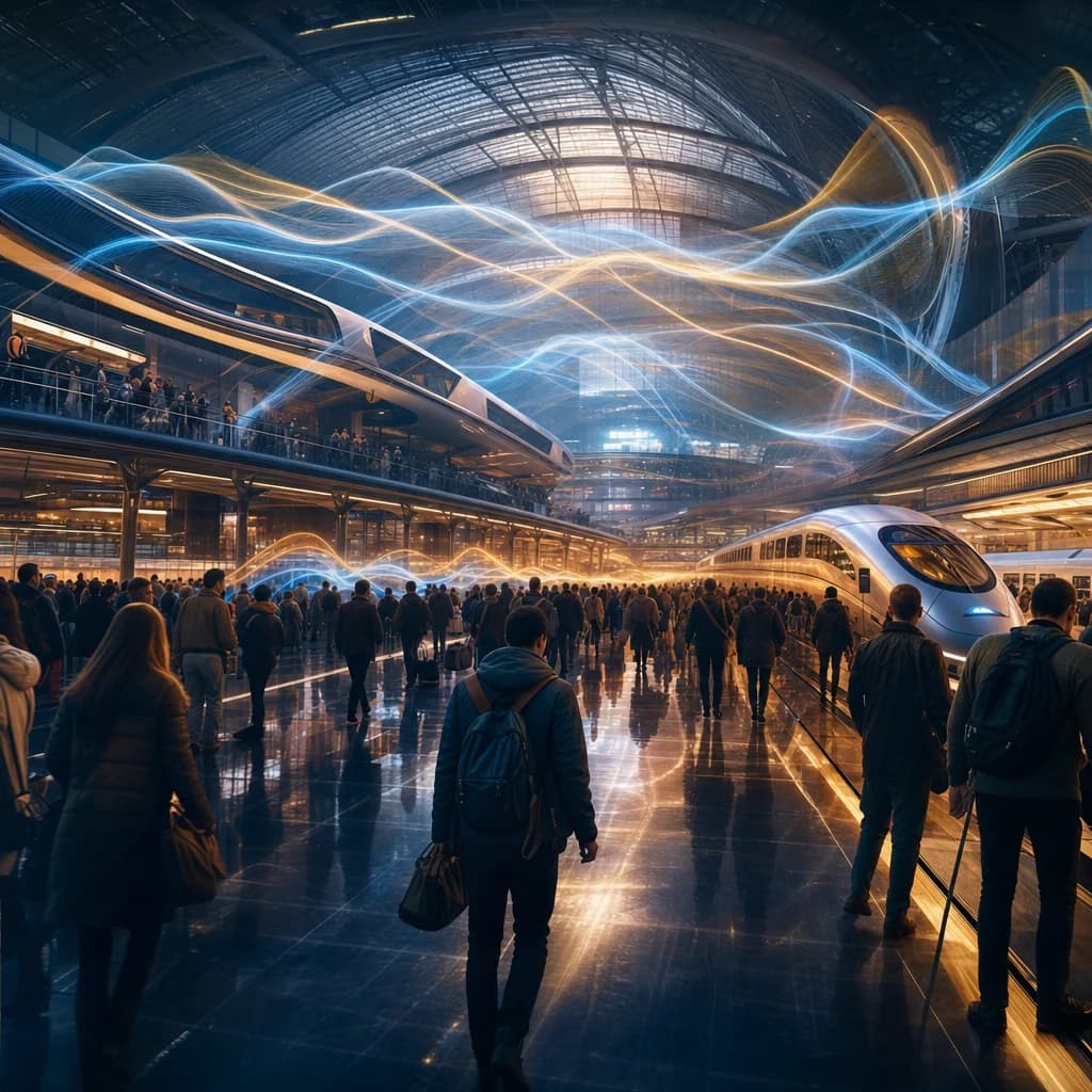 Cinematic AI video frame with sound design visualized
