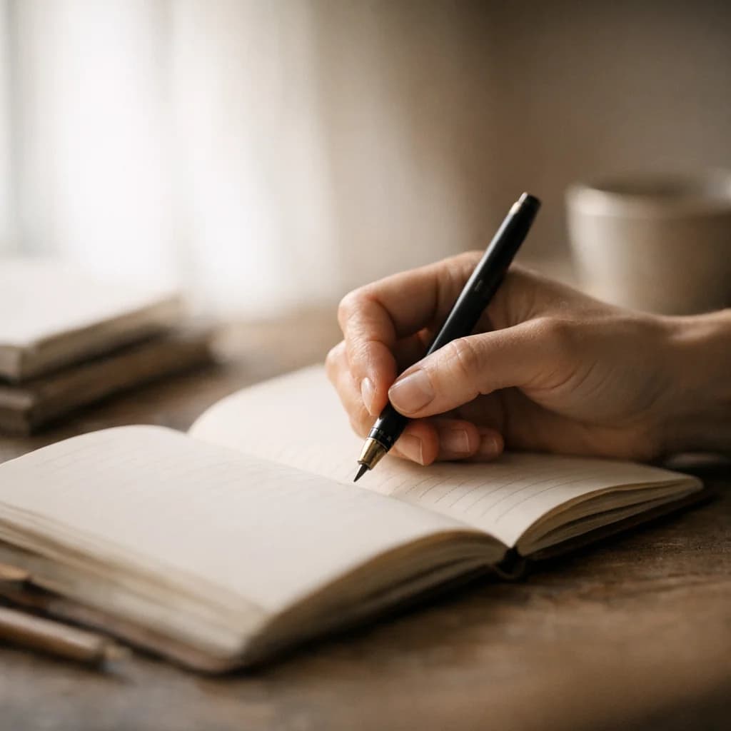 A hand writing in a notebook by window light