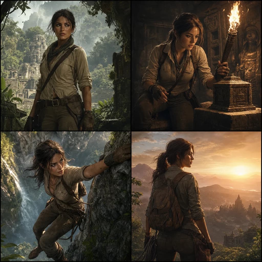 Storyboard grid showing one consistent character across scenes