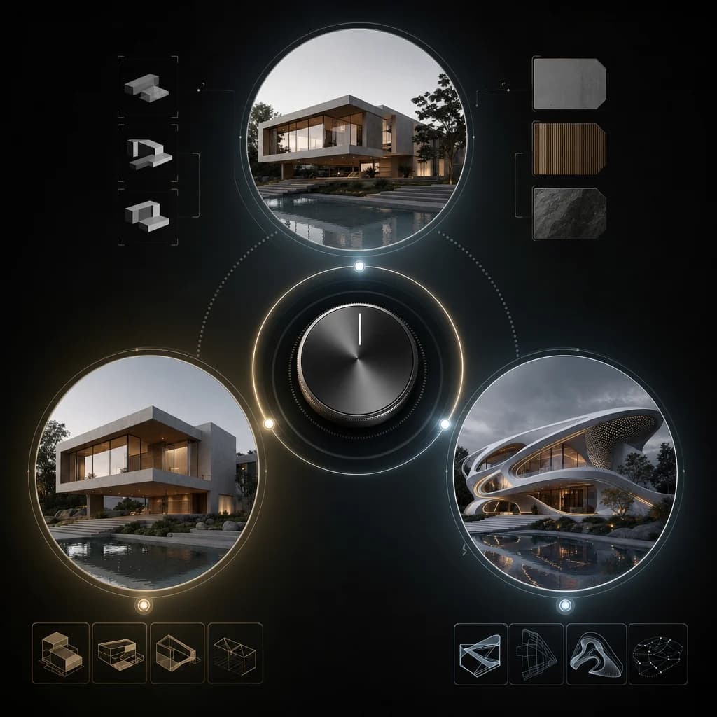 Creative control dial transforming one concept through several styles