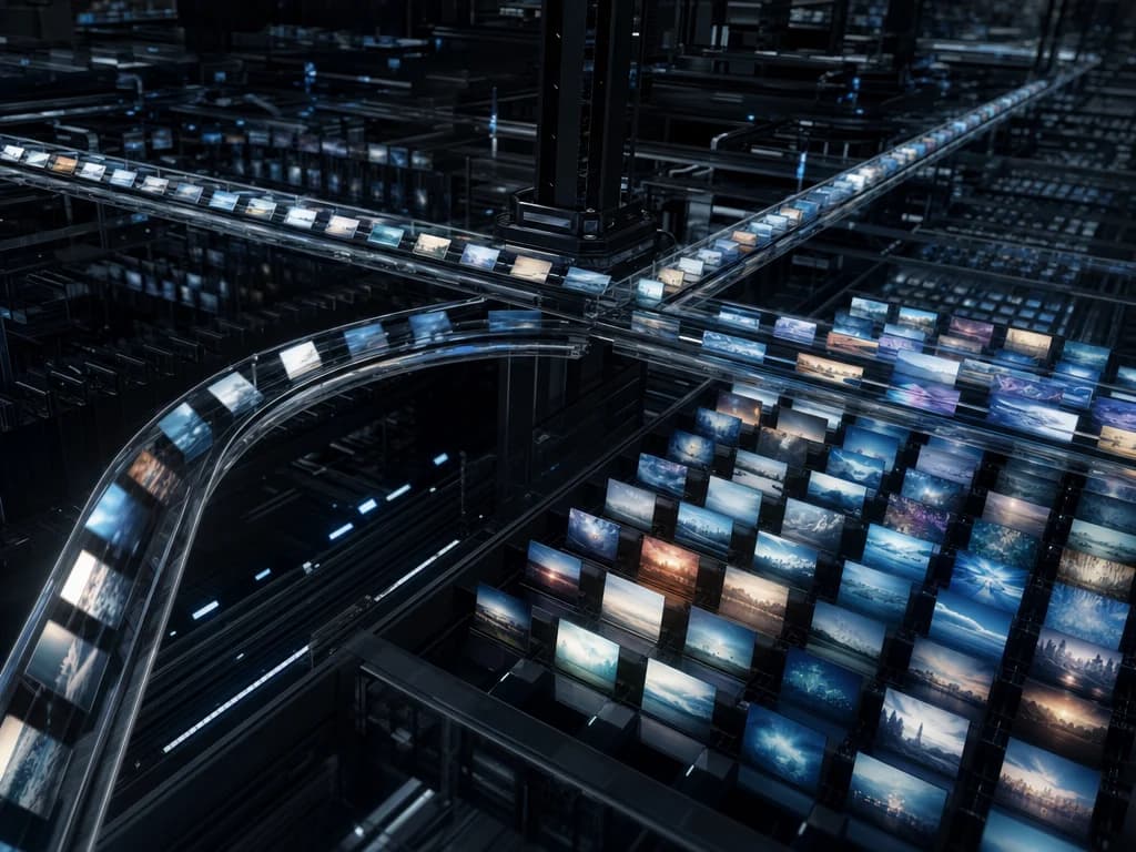 Luminous image cards moving through a dark production pipeline