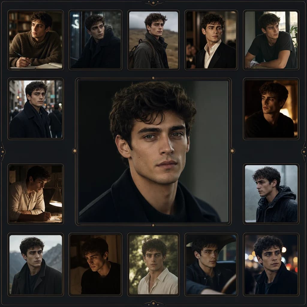 Reference image grid preserving the same character across generated scenes