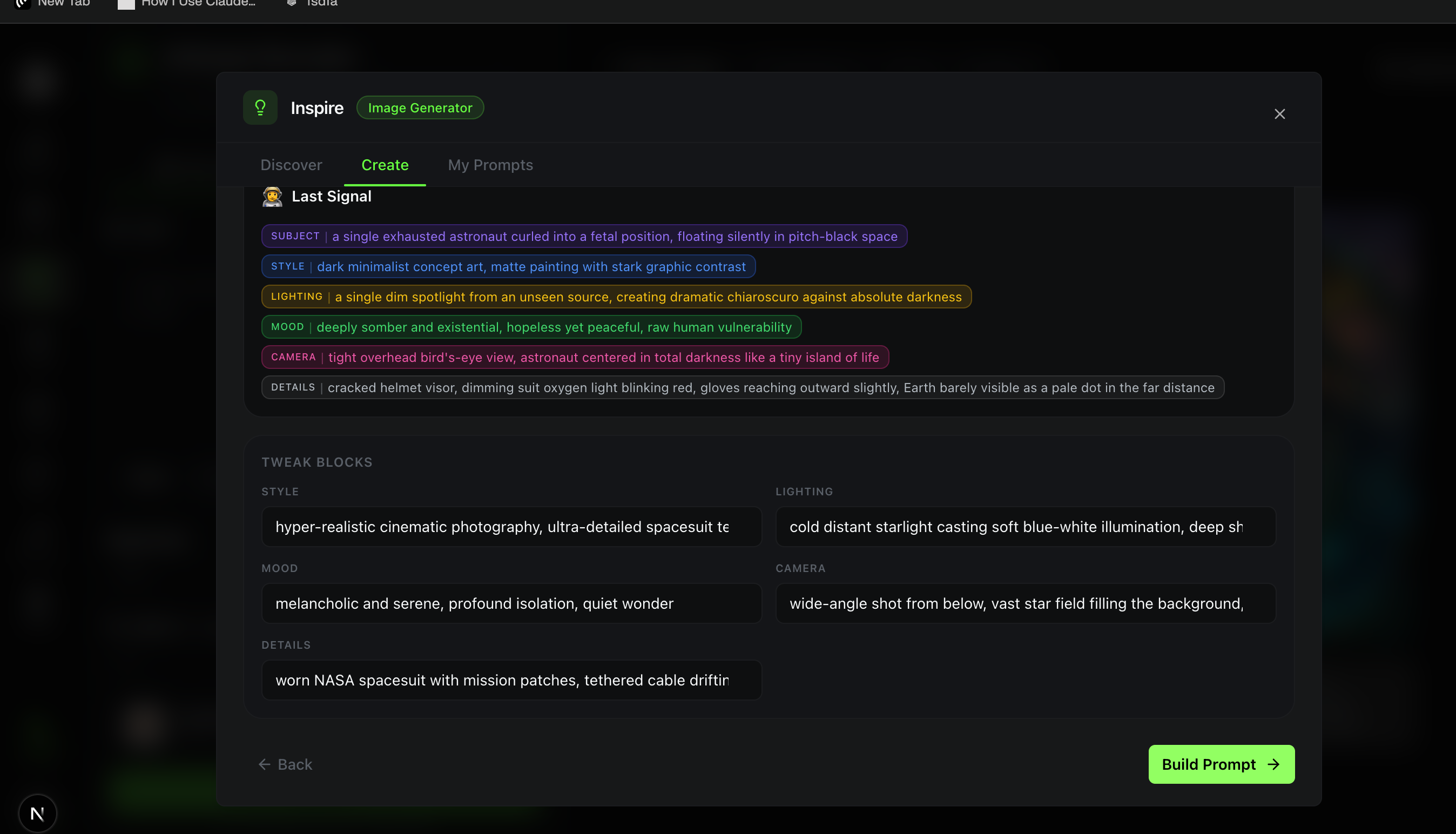 Expert mode showing the final assembled prompt in a textarea