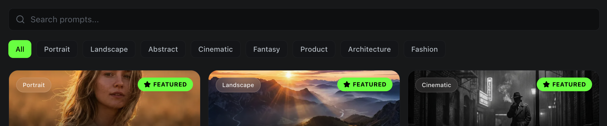 Category filter pills and curated prompt cards in the Discover tab