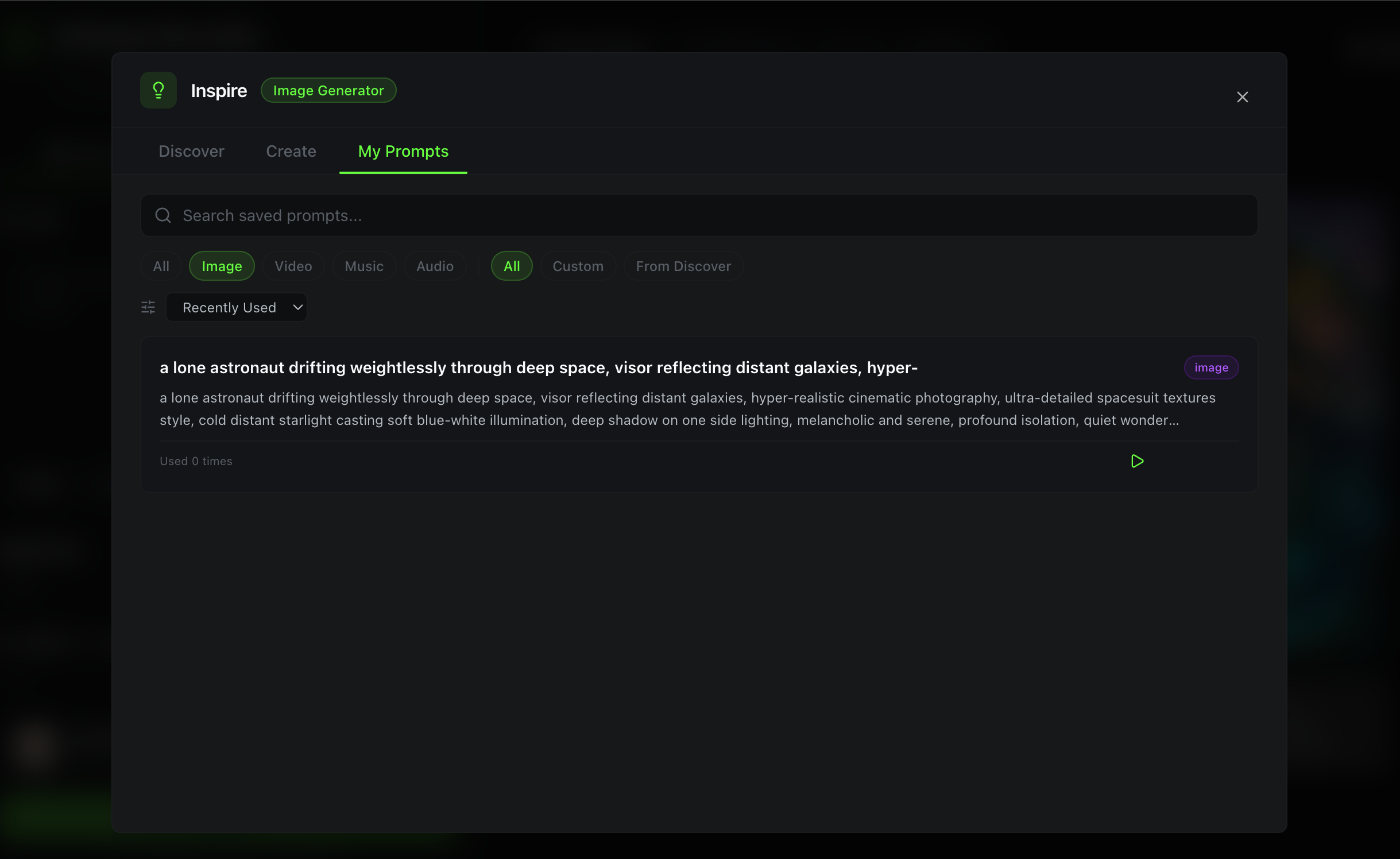 My Prompts tab showing saved prompts with usage stats